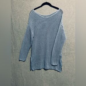 Forever 21 Pastel Blue Open Knit Mesh Sweater Loose Fit Side Slit Beachy Medium